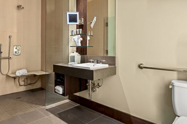 The image shows a modern bathroom with a sink, mirror, shelves, a toilet, and a walk-in shower with a bench and grab bars.