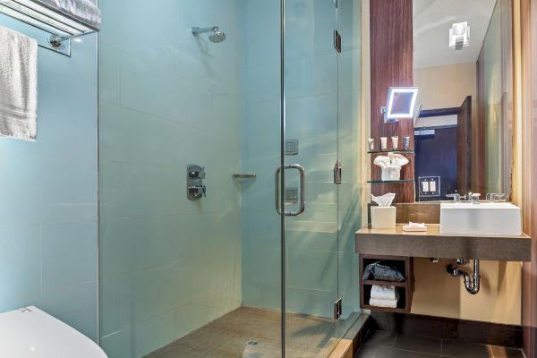 The image shows a modern bathroom with a glass shower, sink, mirror, and neatly arranged amenities on a countertop.