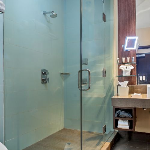 A modern bathroom with a glass shower, wall-mounted sink, vanity mirror, and neatly arranged toiletries on a counter.