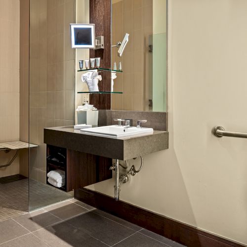 A modern bathroom with a walk-in shower, sink, mirror, and toilet. Shelf with amenities, grab bars, and a wall-mounted shower seat are visible.